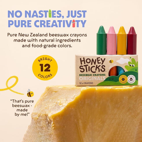 100% (12 Pack) 1-3, 1 Honeysticks Pure Beeswax Crayons - Non Toxic Crayons for Toddlers Safe for Baby from Year Old