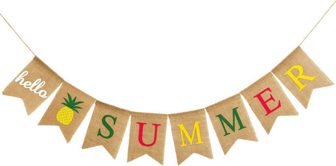 Hello Summer Burlap Banner - Rustic Summer Banner with Flamingo Pattern for Pool Party, Beach Party, Barbecue Party