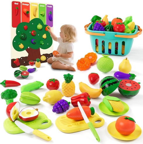 Mimiblooms Set Playset 3 4 5 6 Play Food with Cutting Fruits&Felt Tree Mat, Pretend Food Play Kitchen Accessories, Toy
