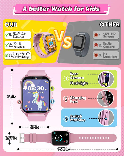 Kids Smart Watches for Girls Age 6-8 - HD Touchscreen, Dual Cameras, 26 Games, Birthday Gifts for Ages 5-9