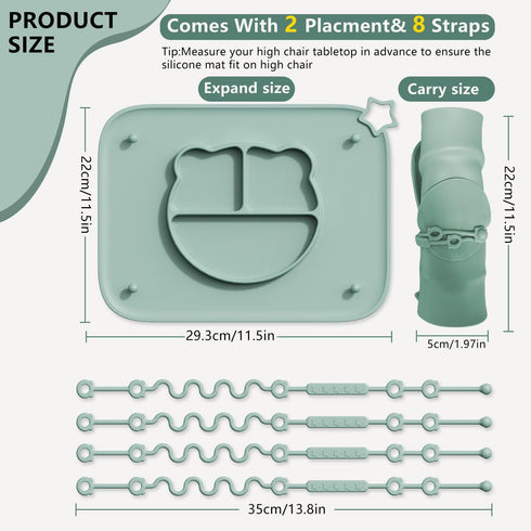 2 Pack 8 Silicone Baby Placemats with Non-Slip Strong Suction Base and Anti-Drop Stretchable Straps, BPA Free Food
