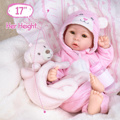 17" 3+ UOFTKIZ Baby Dolls Girl - Real Life Baby Doll, Soft Body Doll with Feeding Toy Kit, Gift for Grandparents