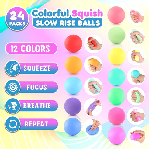 24 Pack, Slow Rising Stress Ball Stretchy Fidget Ball for Anxiety Stress Relief, Hand Therapy Sensory Squishy Ball