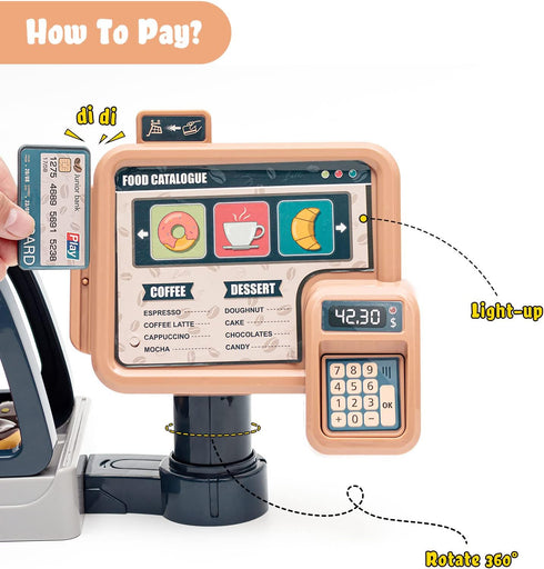Jomifin Playset 41 Pretend Play Coffee Shop PCS with Coffee Maker Machine, Sound Cash Register and Dessert Bakery