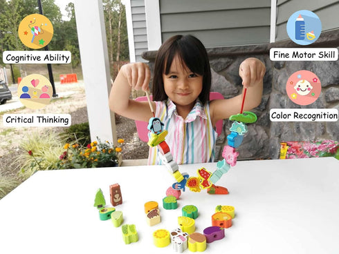 BMTOYS Montessori Educational Threading Toys, Wooden Stringing Farm Animals, Fruits Lacing Beads Preschool Toy for