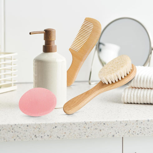 Molylove 3PCS Set Baby Hair Brush with Wooden Handle and Comb for Newborns & Toddlers | Natural Soft Goat Bristles l