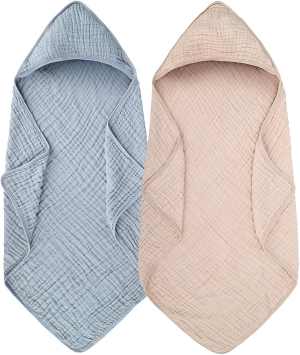 ZOLLEFY 2 Pack Baby Hooded Bath Towel Muslin Cotton 32x32 Inches Brown and