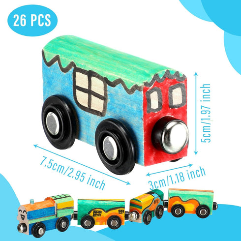 Lenwen 26 Pcs Unpainted Magnetic Wooden Train Cars - DIY Unfinished Train Set for Boys Girls Party Favors