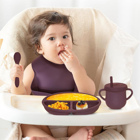 100% Set, Silicone Baby Feeding BPA Free Dishes With Suction Bowl, Divided Plate, Toddler Self Feeding Utensils