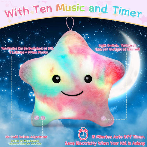Toddlers,14" 3 4 5 6 7 8 9 10 Subao Sensory Toys for Toddler Pillow with Light & Music,Plush Star Night Light for Kids