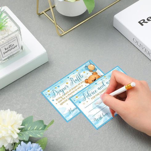 51 Spakon Pieces Bear Diaper Raffle Tickets with Box Blue for Baby Shower Supplies Game Decoration Gender Reveal Party