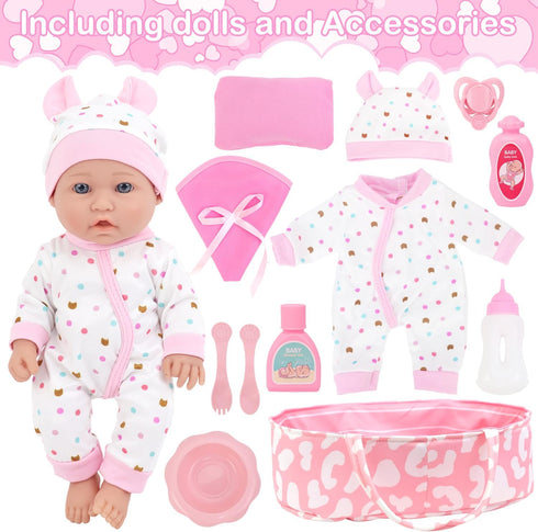 12 Set 13 3+ ZITA ELEMENT Baby Doll Sleeping Basket in Gift Box - Piece Soft Baby Doll with Accessories, for Girls Ages