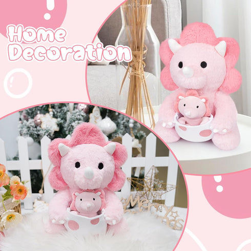 Dinosaur Stuffed Animal, 11.8inch Pink Plush with Baby Dino Toy, Triceratops for Girls, Boys, Birthday Gifts