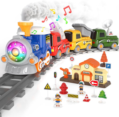 Train Set for Toddlers, Electric Magnetic Train Sets w/Steam, Music, Lights for