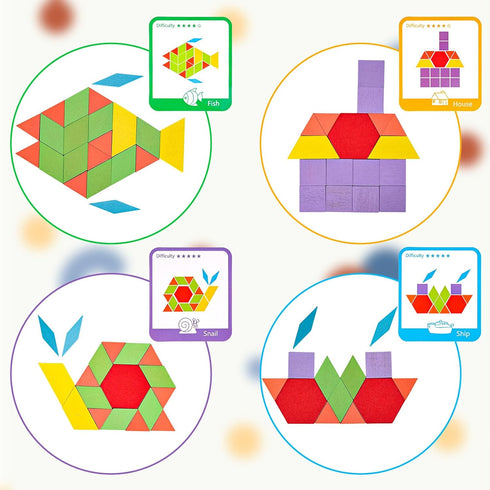 LovesTown 209 PCS Shapes Wooden Pattern Blocks - Geometric with Activity Cards and Storage Bag for Kids