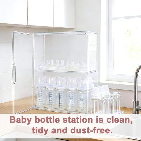 Penitue 3-Tier 2 Countertop Baby Bottle Organizer, Clear Acrylic Storage Box with Removable Dividers & Magnetic Door