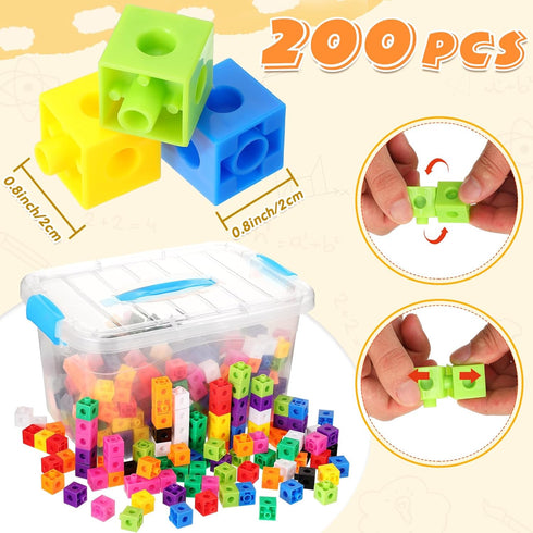 200 Pcs Math Cubes with Storage Container: Linking Blocks for Kids Age 4-8, Educational STEM Toy (Blue)