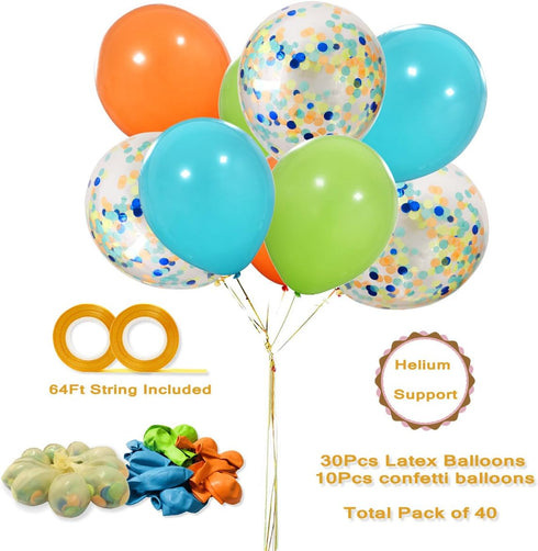 40 Pack Dinosaur Balloons, 12 Inch Orange Light Blue Fruit Green Latex with Confetti for Baby Shower Party