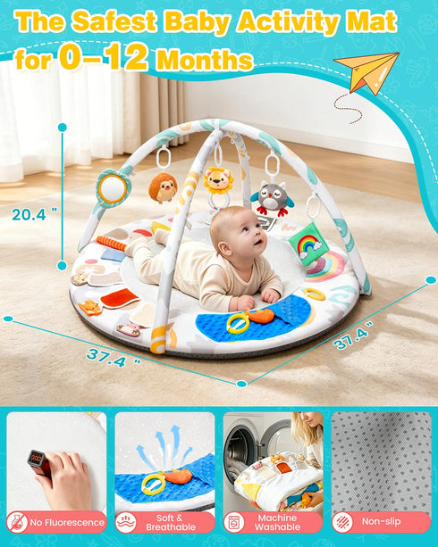 (0-12Mo) 5-Sensory 5 Tummy Montessori Baby Play Gym & Activity Mat for Brain Development | Zones + Toys |Portability