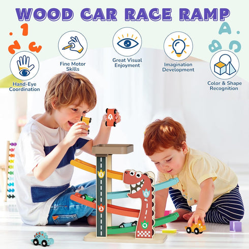 1-3, 6 4-Level 1 Wooden Car Ramp Toy for Toddlers Montessori Toy with Cars (Dinosaur & Racing), Car Ramp Race Track
