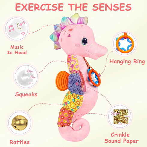 Baby Girl Toys 0-6 Months,Infant Musical Stuffed Animals Soft Toy with Bright Colors,Crinkle Sound Paper, Multi-Textures & Rattles,Baby Newborn Toys for 0 3 6 9 12 Months Boy/Girls(Pink)