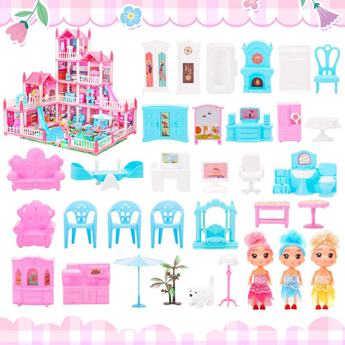 AmiDear 4-Story 11 Playset 3 4 5 6 7 8 9 10 Dollhouse with Rooms, Dream Gift Princess Doll House with Furniture Pool
