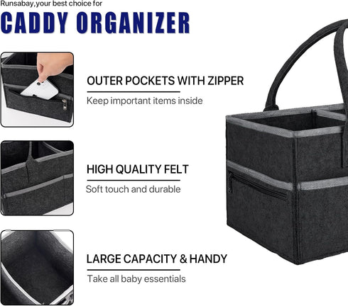 Baby Co. Diaper Caddy, Black, 36 x 22 x 18cm, Car Organizer for Diapers and Wipes, Changing Table Baby Diaper Storage, Gift for Newborns by Runsabay