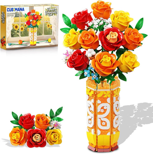 CUBIMANA Flower Bouquet Building Set with Vase & LED Light, Yellow, Orange