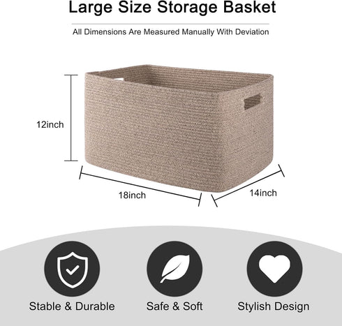 OIAHOMY Cotton Rope Basket, Rectangle Woven Toy Storage Basket with Handle, 18”x14”x12”, Organizing, Brown Variegated