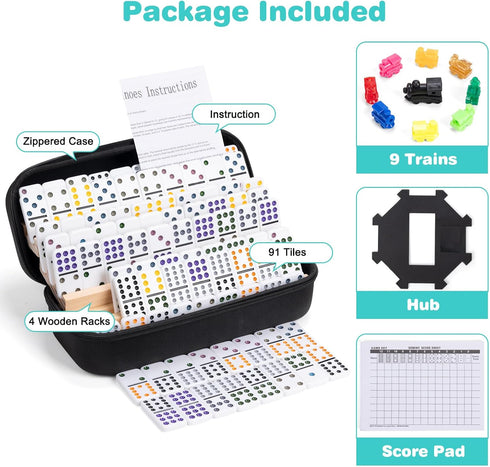 Set 4 12 91 9 Mexican Train Dominoes with Wooden Racks, Double Dominos Game with Dot Tiles, Trains, Hub, Classic Family