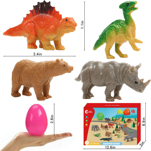 24 Pack CUTE STONE Filled Easter Eggs with Dinosaurs and Animals, Easter Basket Stuffers Easter Party Favors for Kids