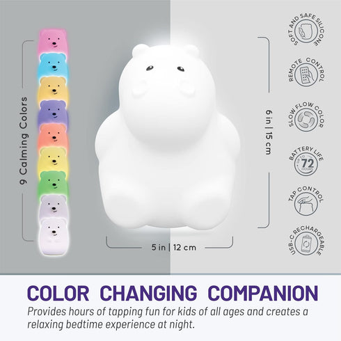 Lumipets Remote Control Silicone Night Light - Hippo Design with 9 Soft Colors & Sleep Timer for Kids