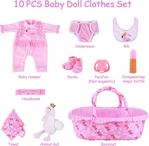 BABESIDE 10 PCS Reborn Baby Doll Clothes, Flamingo Theme with Bassinet for 17-22 Inch Dolls