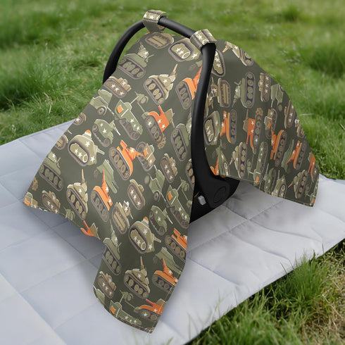 Dalzium Vintage Army Military Cartoon Tanks Car Seat Cover Baby, Carseat Canopy Cover for Girl Boy, Breathable Baby