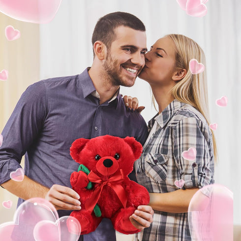 Plush Stuffed Animal Bear with Rose, Cute Plush Christmas Valentine's Day Gift for Kids and Girlfriend (11.8 Inches,