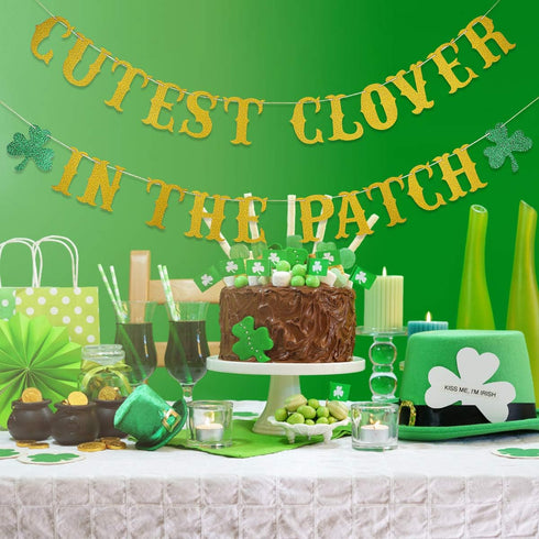 Cutest Clover In The Patch Banner - Gold Glitter St. Patrick's Day Baby Shower Decorations