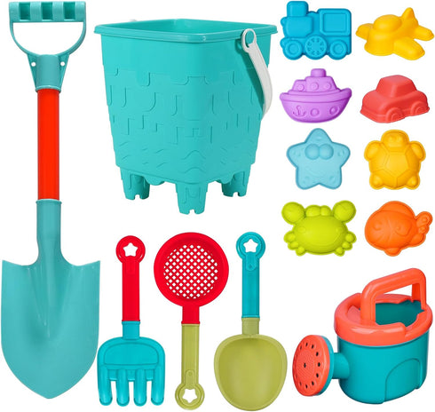BeneFine 14 Piece Beach Toys,Castle Barrel Bucket,Sea Animal and Traffic Sand Molds,Beach Shovel Tool Kit, Fun Outdoor