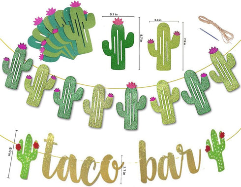 2 Set Fiesta Taco Bar Cactus Banner Garland, Gold Green Glittery Banner for Mexican Fiesta Party
