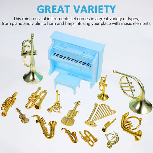 Vaguelly 16Pcs Miniature Musical Instruments + 1Pc Piano Model - Dollhouse Decor Tiny Instruments Accessories