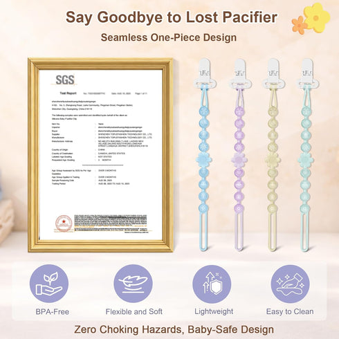 4 Packs Silicone Pacifier Clip Holder with One-Piece Beads, Soft Flexible and Rust-Free Binky Pacifiers Clips