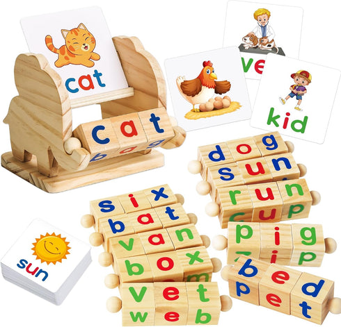 Montessori Learning Toys Gifts for Kids 3-5 Years, Wooden Reading Blocks, Preschool Activities & Flash Card Games