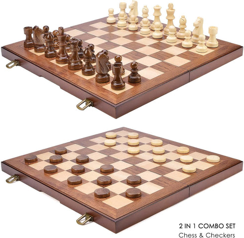 AMEROUS Wooden Chess & Checkers Set - 15 Inches (2 in 1) with Upgraded Weighted Chess Pieces, Gift Package