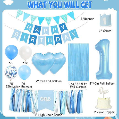 FINDRICH 1st 1 First Birthday Decorations for Boy, Birthday Decorations Boy with High Chair Banner, Number Balloon Cake