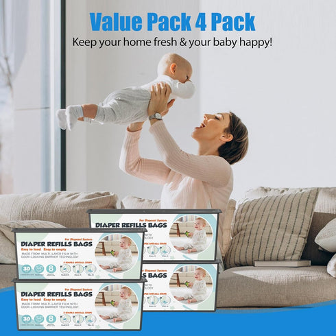 Zippland 30 7-Layer 4 Pack (120 Diaper Pail Refills Bags with Bags Compatible with Genie Easy Roll Signature