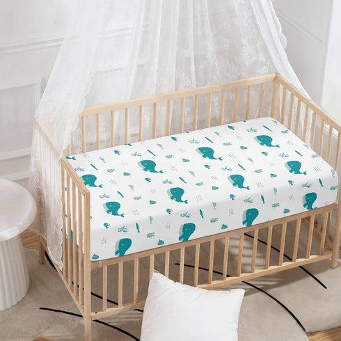 Winpema 28"x52" Blue Whale Anemons Fishes Seaweeds Waves Fitted Crib Sheet Blue Whale Baby Crib Sheet Fit Standard Crib
