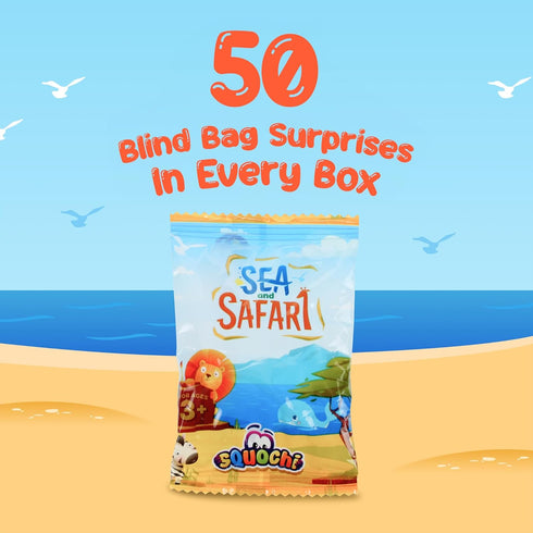 50pcs Sea & Safari Squishy Toys Collectible Mochi Fidget Toys in Blind Bags | Sea & Land Animal Shapes | Storage Tote