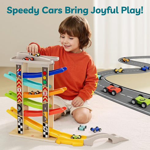 1-3 6 1 1 TOP Bright Wooden Race Track Car Ramp Toys for Toddlers Years Old with Mini Cars, Car Garage & Extra Bridges