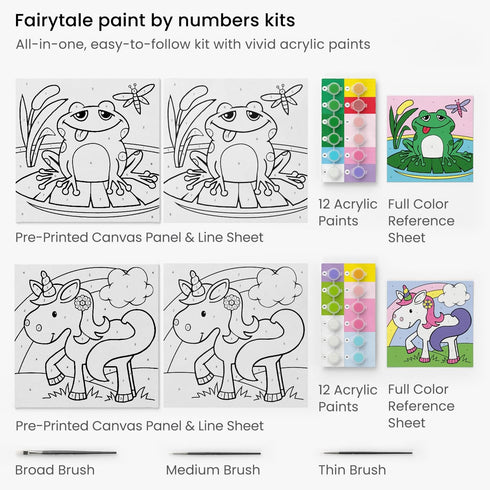 Arteza Kids Paint by Numbers Kit, 10" x 10", Pre-Printed Fairytale Canvas Painting Kit with 2 Canvases, 24 Acrylic Paint Pots, 3 Paintbrushes, Art Supplies for Developing Hand-Eye Coordination, Frog by ARTEZA