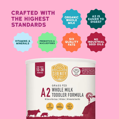 12-36 A2 A2 21 Oz Serenity Kids Month Whole Milk Toddler Formula Powder - Organic Grass-Fed Whole Milk