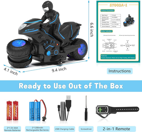 2-in-1 360 Eulogia Remote Control Motorcycle Toys New Upgraded RGB Wheels Lights, RC Motorbike with Remote, Gesture